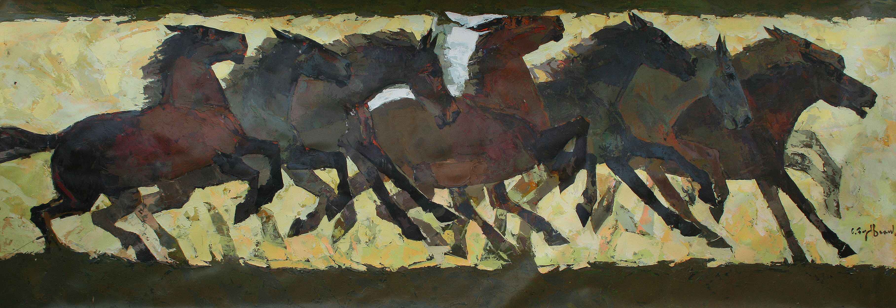 Tableau représentant une horde de chevaux en diverses positions